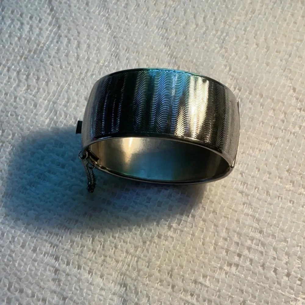 Silver Hinged Cuff Bracelet Wave Texture